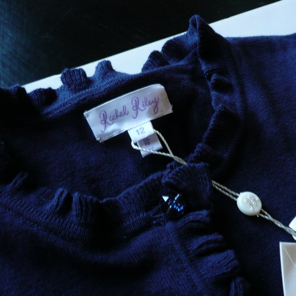 Rachel Riley Girl SZ 12 Ruffled Edge Cardigan Navy Blue Sweater Sparkle Buttons - Picture 5 of 9